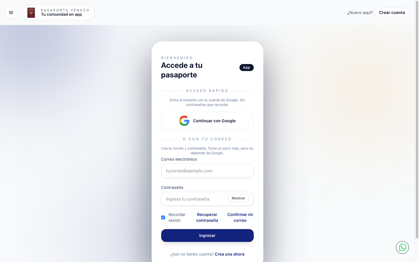 Pantalla de inicio de sesión de Pasaporte Veneco