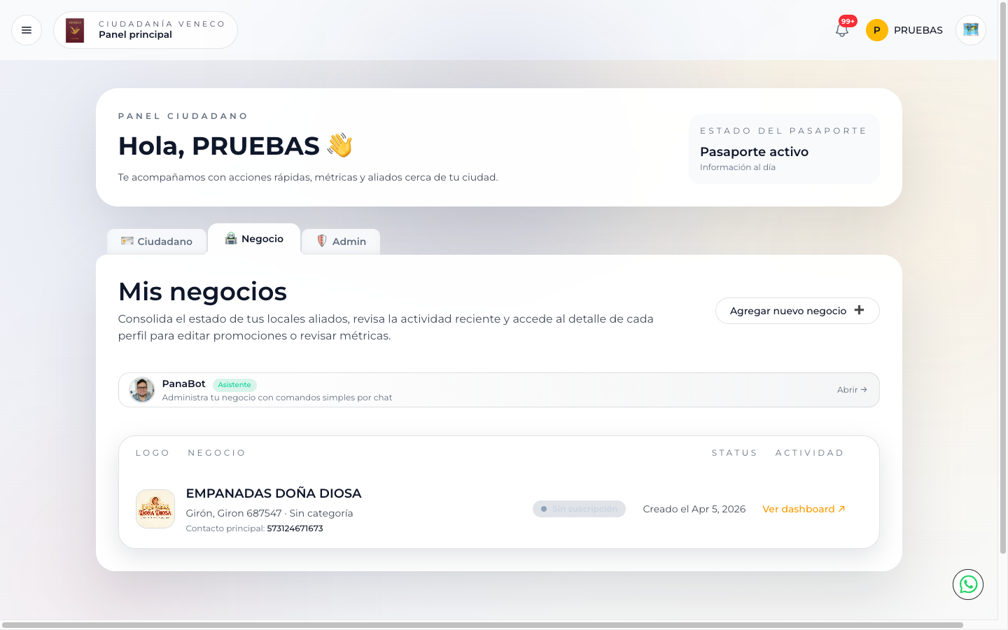 Pestaña Negocio con la lista de Mis negocios y la fila de Empanadas Doña Diosa