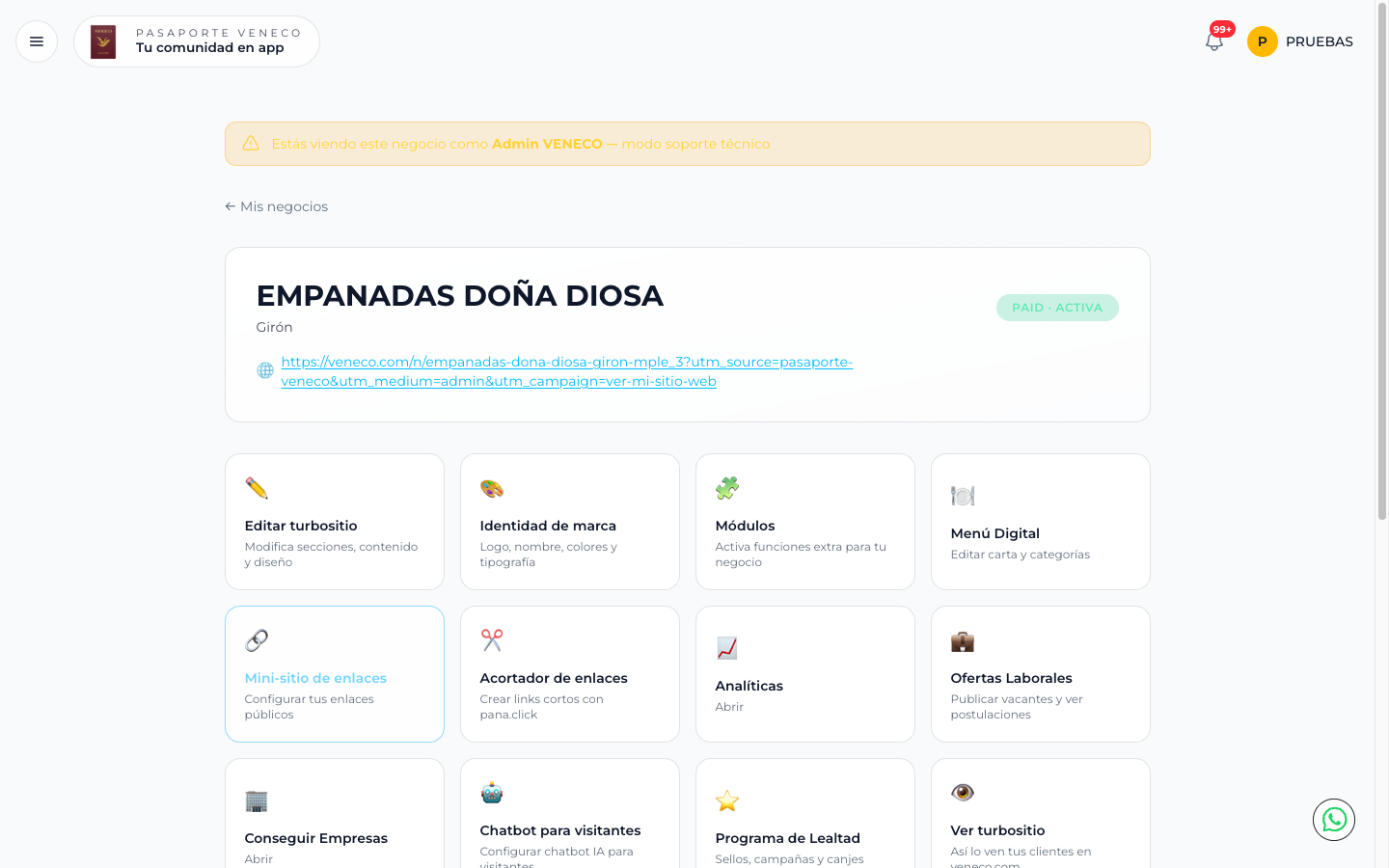 Dashboard del negocio con las tarjetas de acciones rápidas