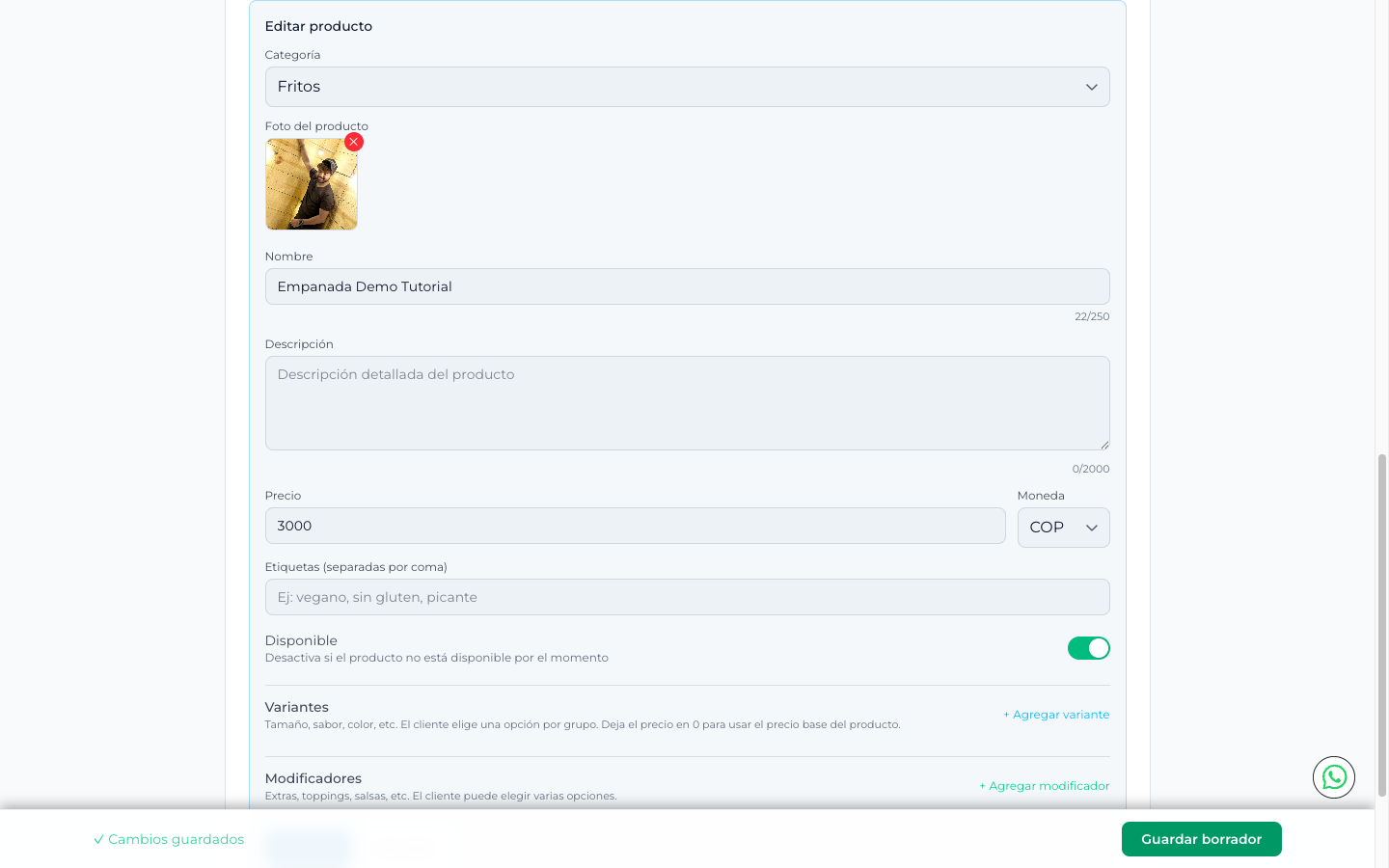 Formulario Editar producto con la vista previa de la imagen recién subida