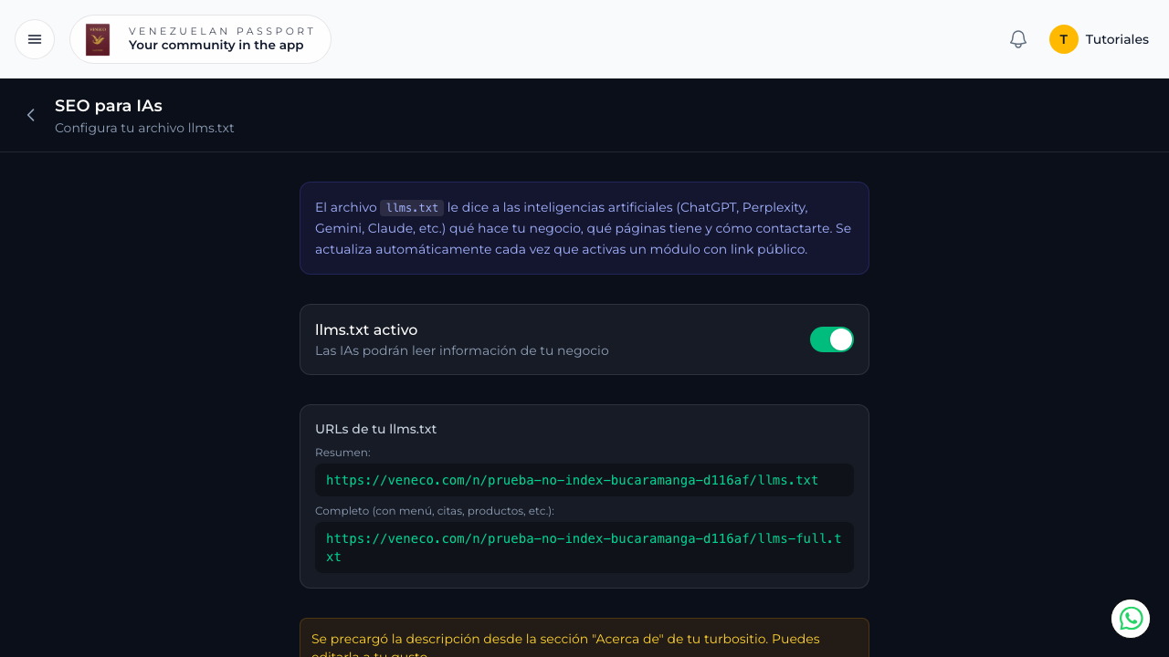 Configuración de SEO para IAs con toggle activo y URLs del llms.txt