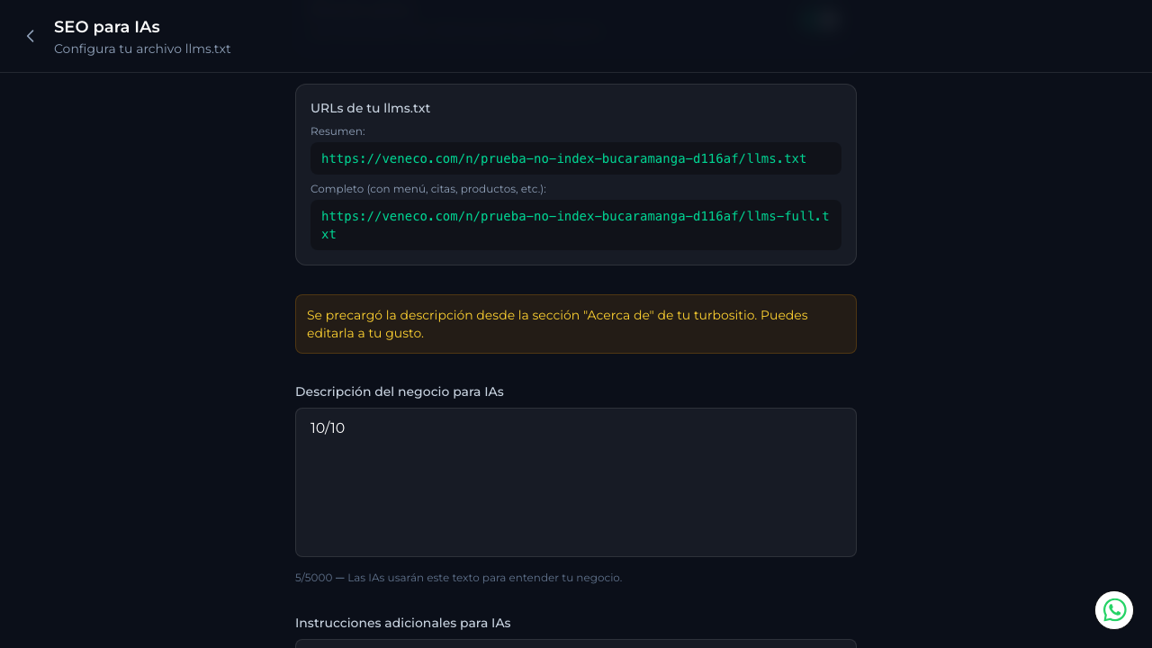 Textarea de descripción del negocio para IAs con aviso de precarga desde CMS