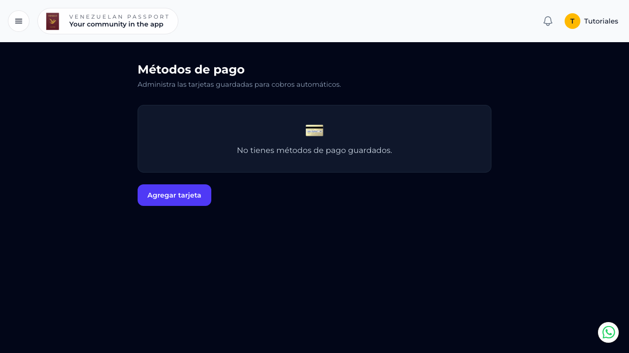 Sección Métodos de pago mostrando estado vacío y botón Agregar tarjeta
