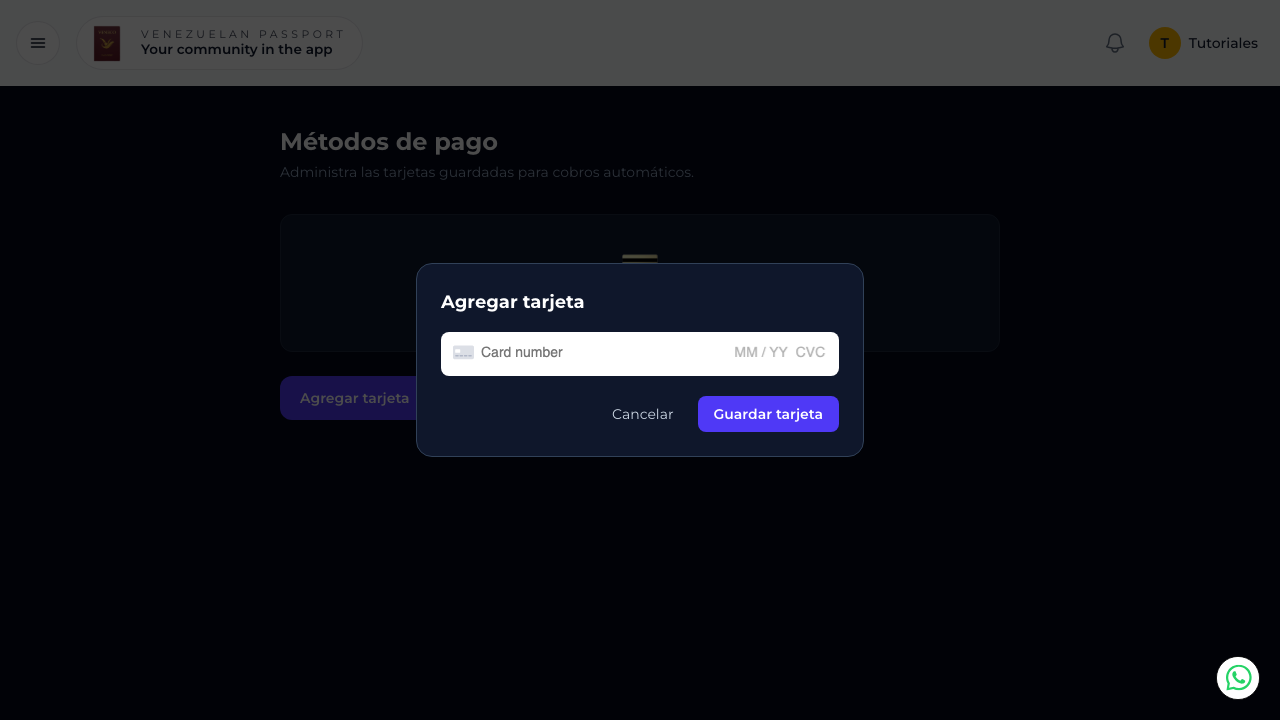 Diálogo Agregar tarjeta con campos de número, fecha y CVC
