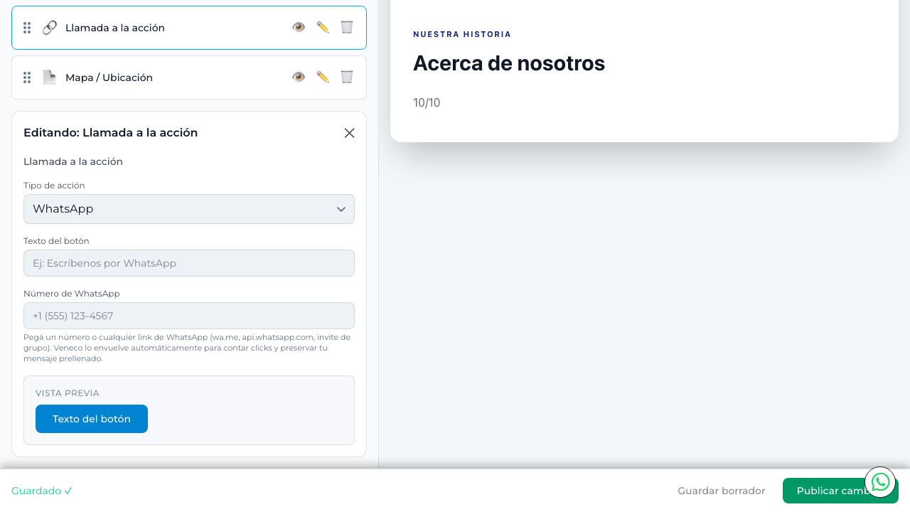 Panel de edición de CTA con tipo WhatsApp, texto del botón y vista previa