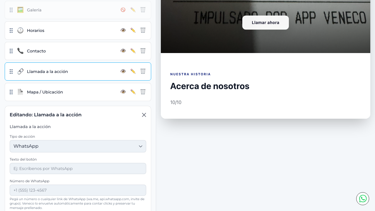 Configuración del CTA con opciones de tipo y vista previa del botón