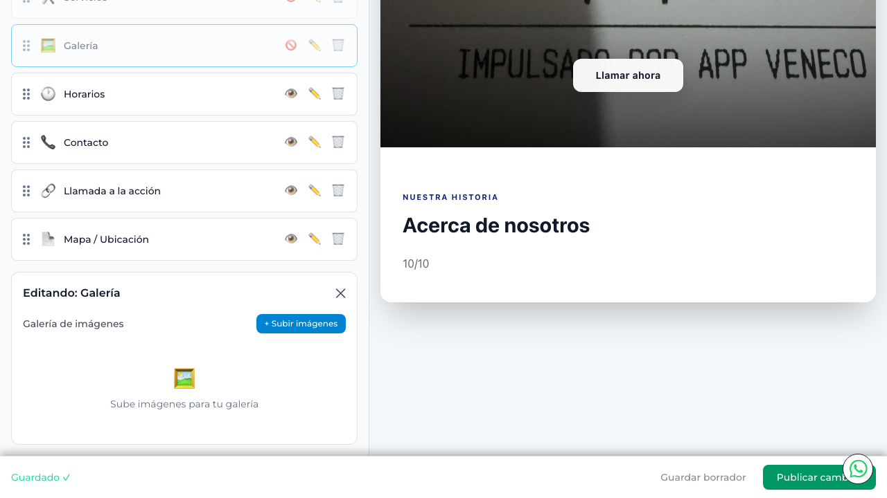 Panel de edición de Galería abierto con botón de subir imágenes