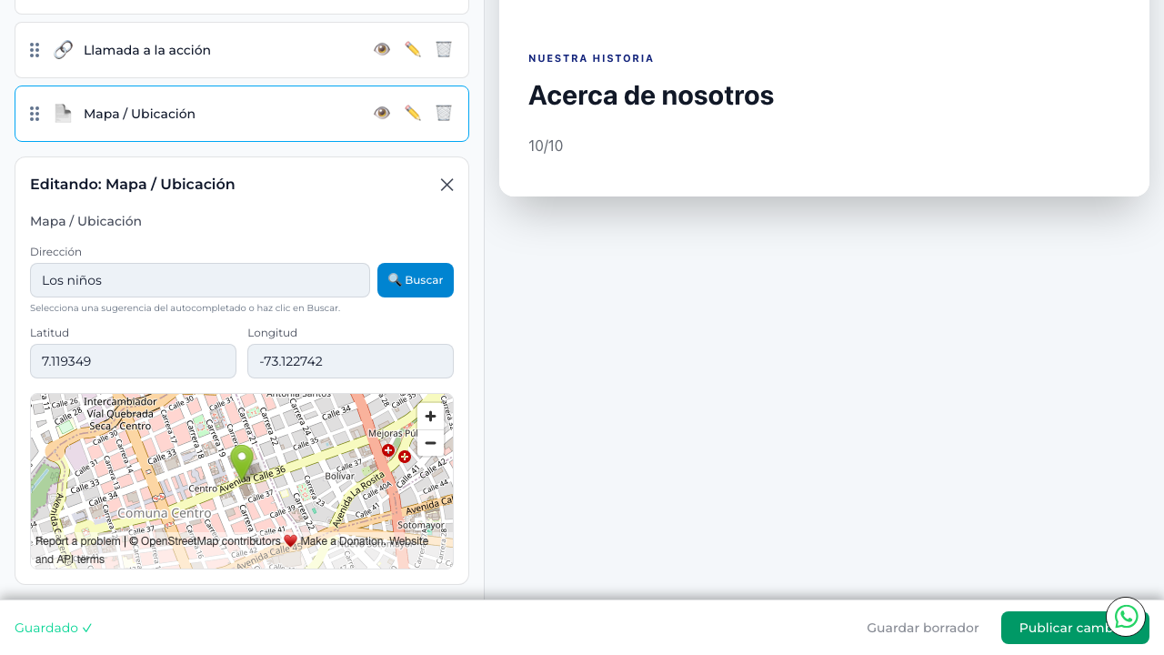 Panel de edición de Mapa / Ubicación con campos de dirección y coordenadas