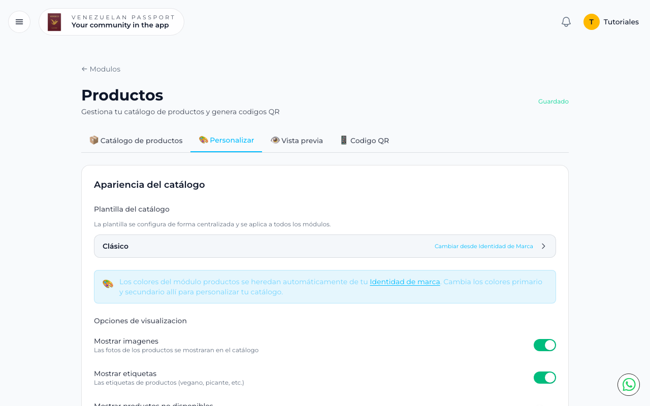 Pestaña Personalizar con plantilla, opciones de visualización y colores