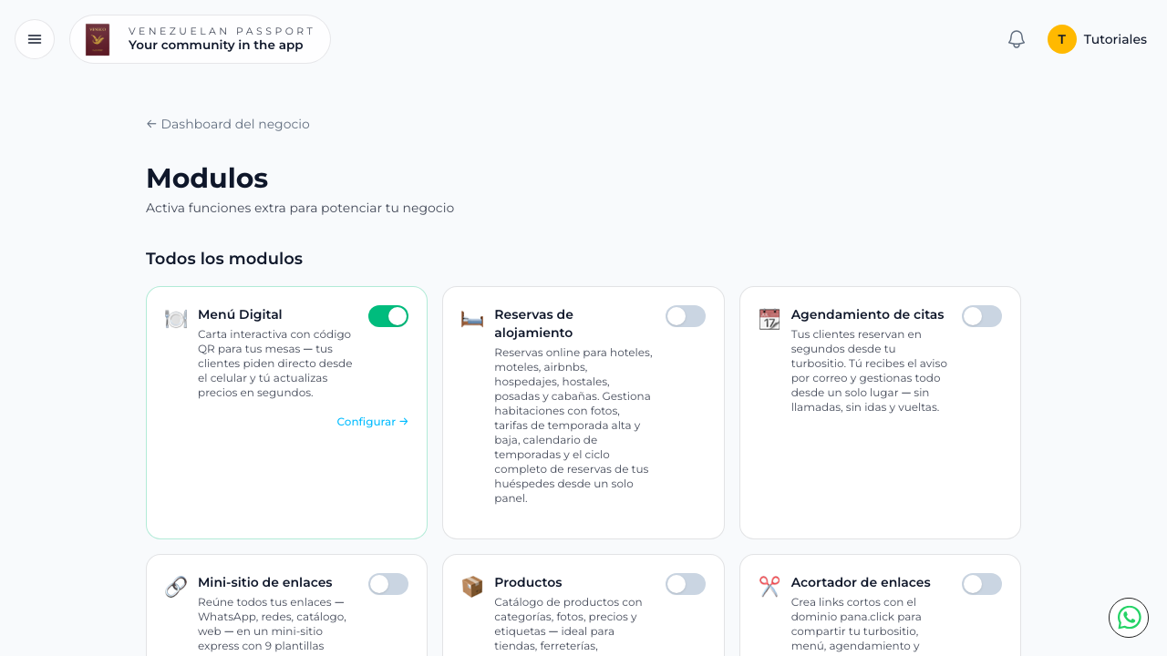 Página de Módulos mostrando las opciones de crecimiento disponibles