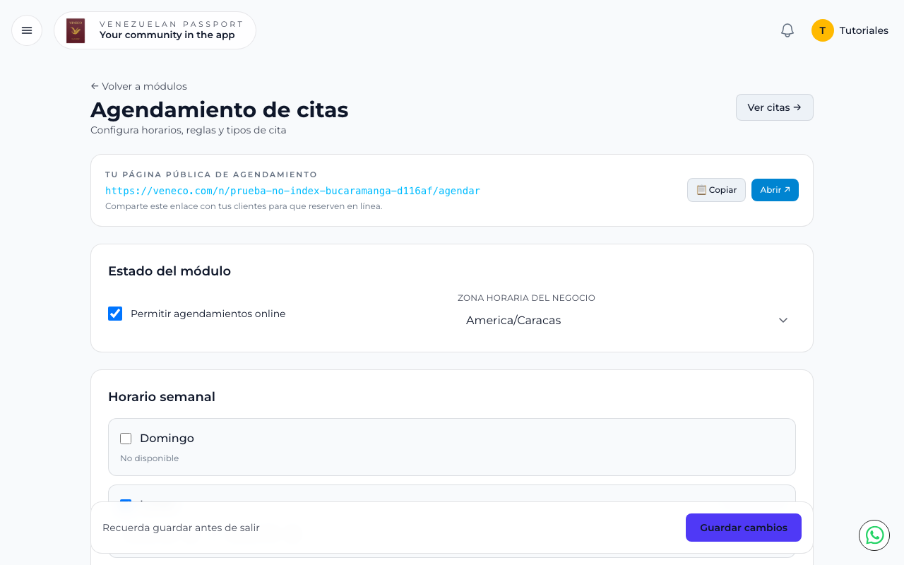 Panel de agendamiento con enlace público, estado del módulo y zona horaria