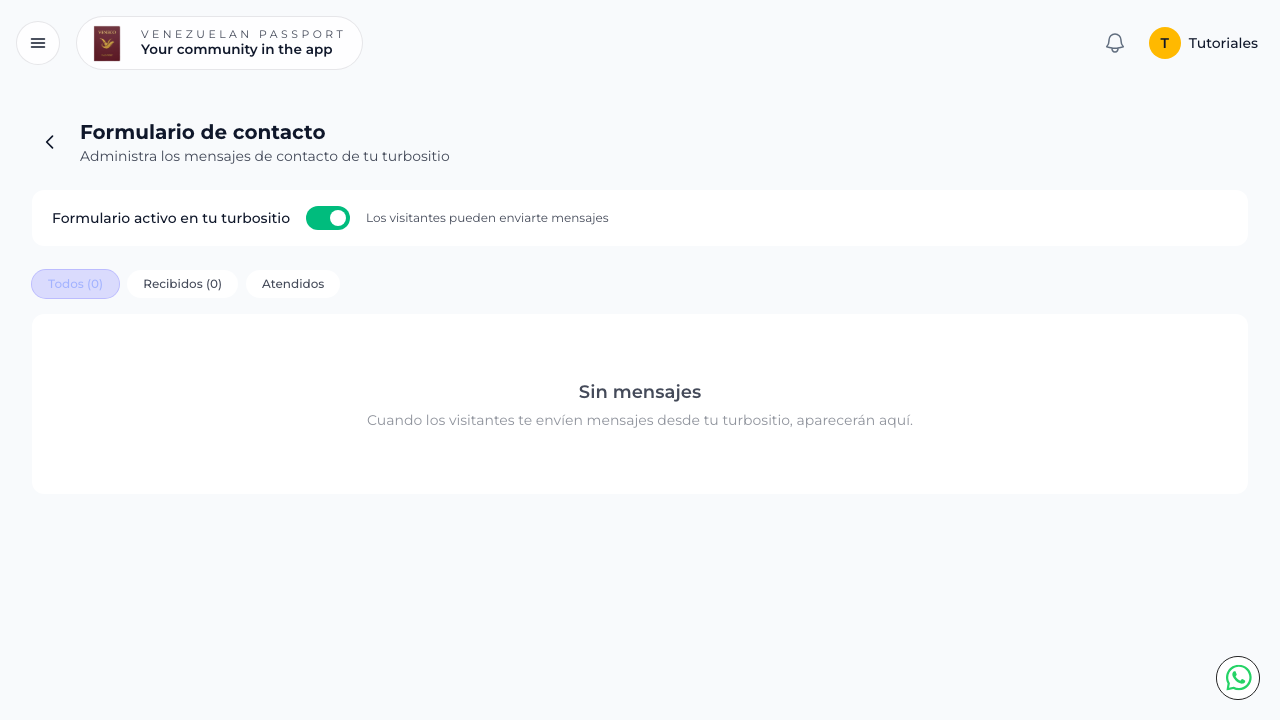 Formulario de contacto con toggle activo y bandeja de mensajes con filtros