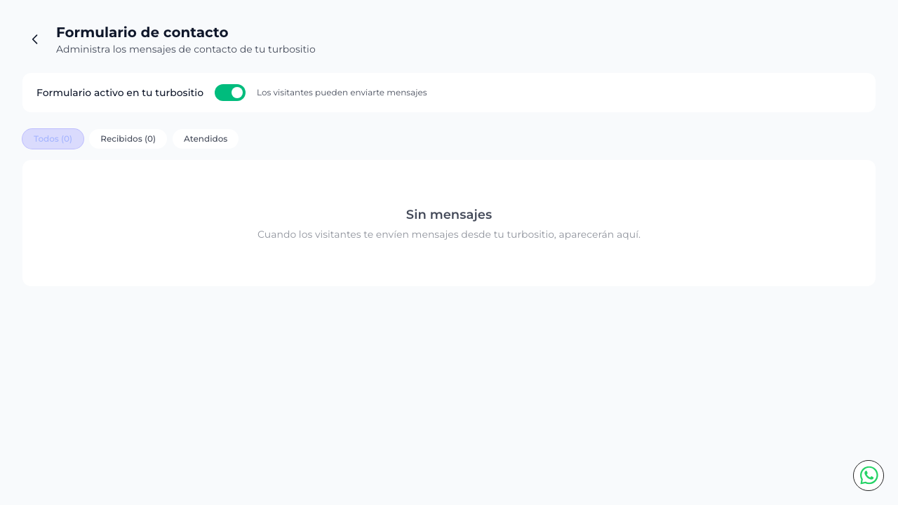Bandeja de mensajes con filtros Todos, Recibidos y Atendidos