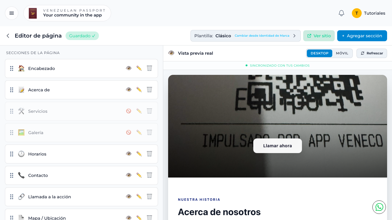 Editor de página del turbositio mostrando la sección Contacto en la lista