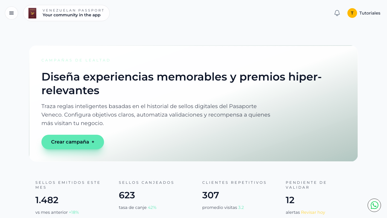 Panel de Campañas de lealtad con métricas y botón Crear campaña