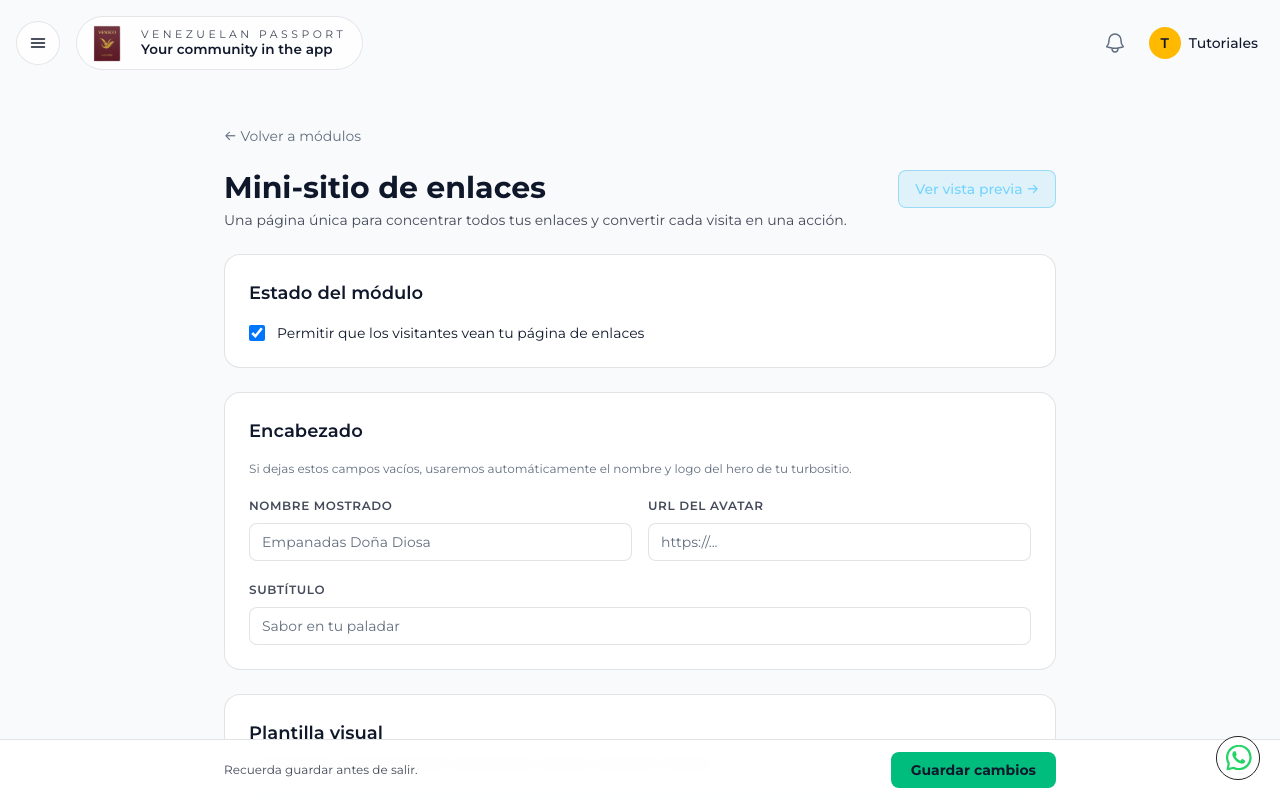 Configuración del encabezado con nombre mostrado, avatar y subtítulo