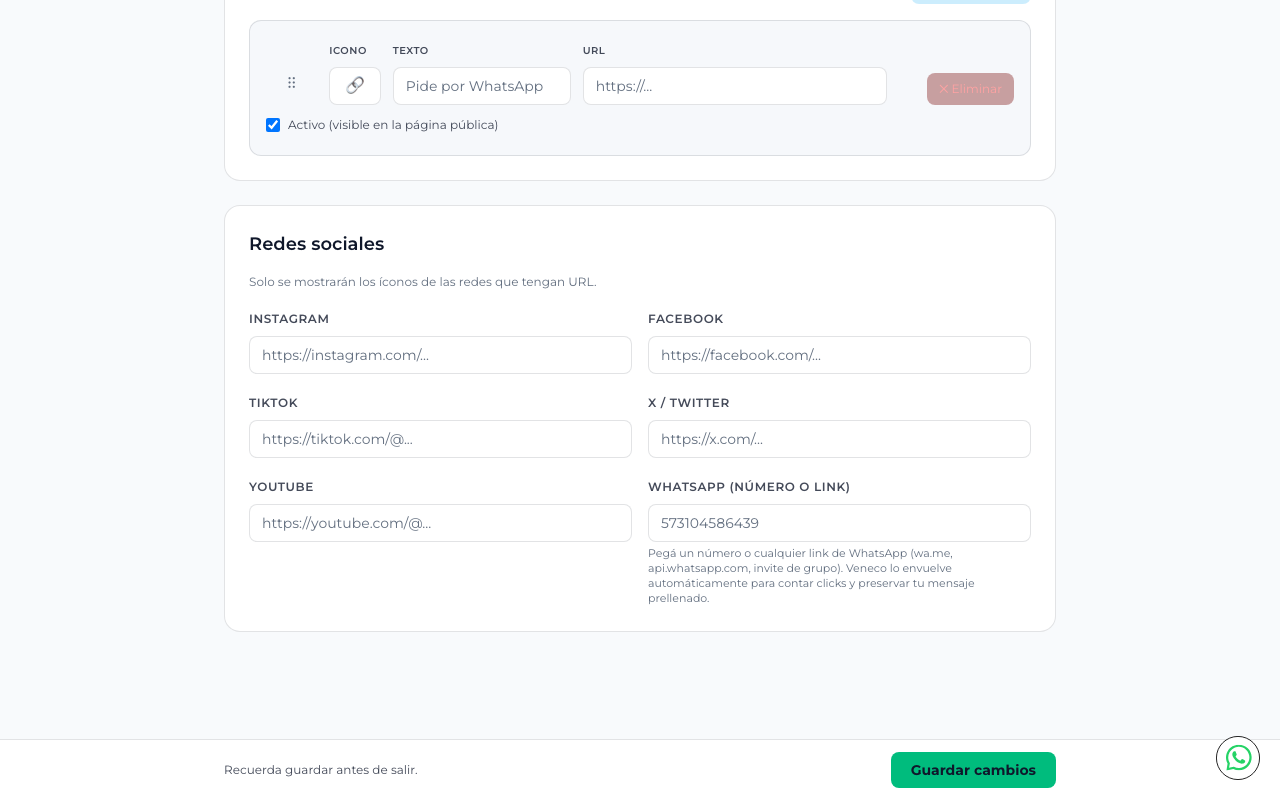 Sección de redes sociales con campos para Instagram, Facebook, TikTok, X, YouTube y WhatsApp