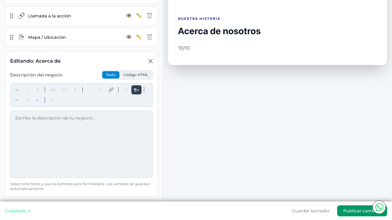Panel de edición de Acerca de con barra de herramientas de formato