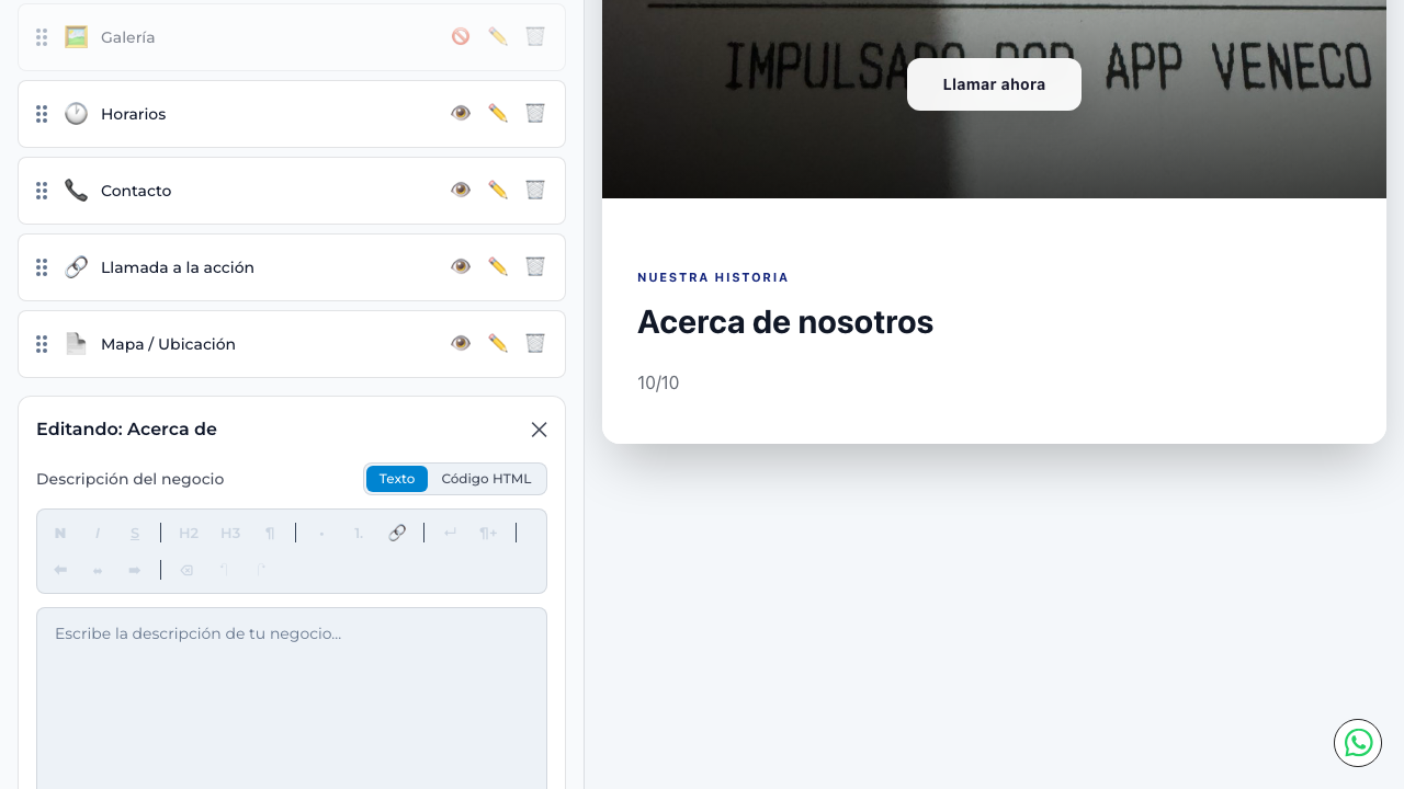 Editor visual con texto y opciones de formato, y toggle a Código HTML