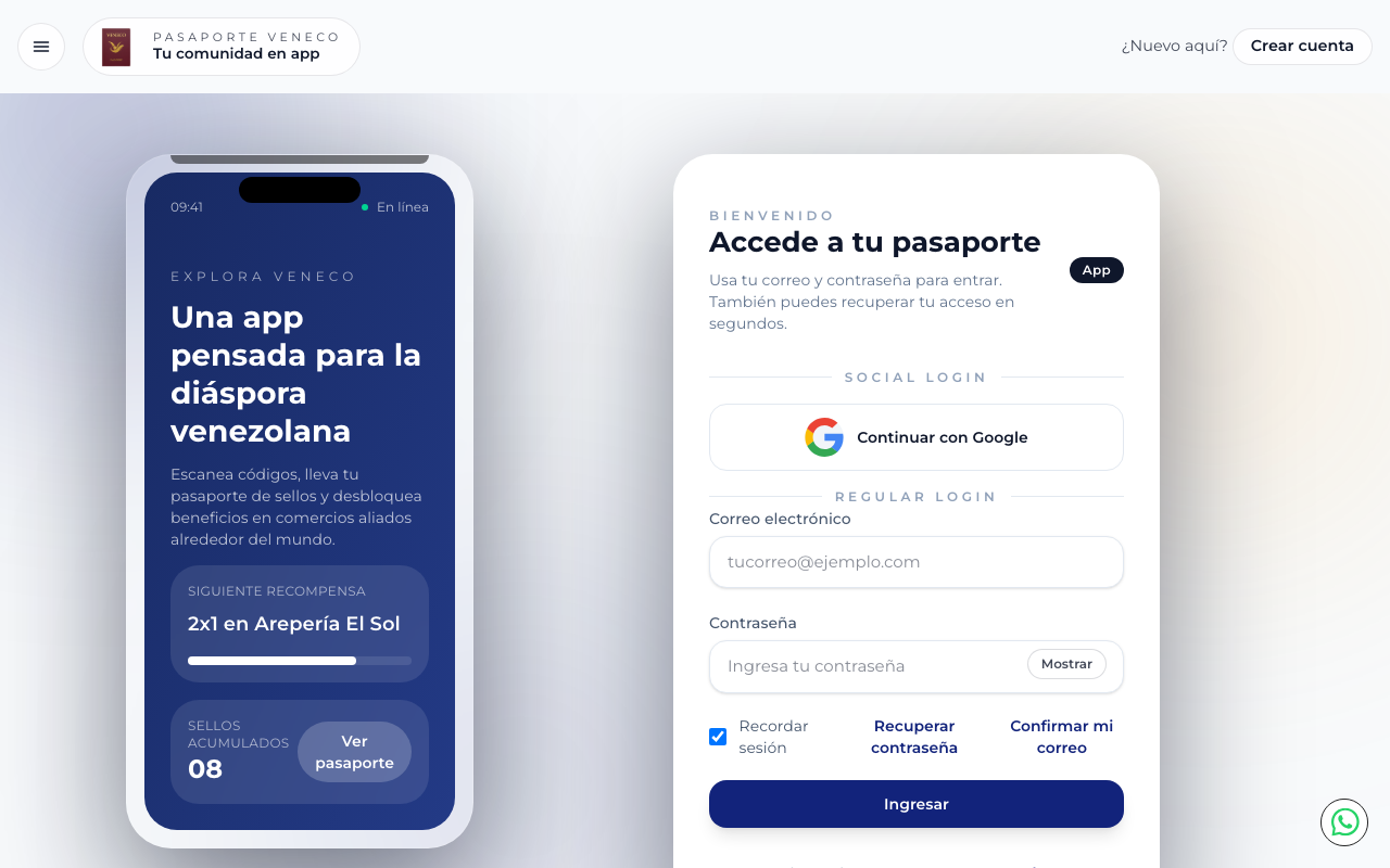 Pantalla de inicio de sesión de Pasaporte Veneco