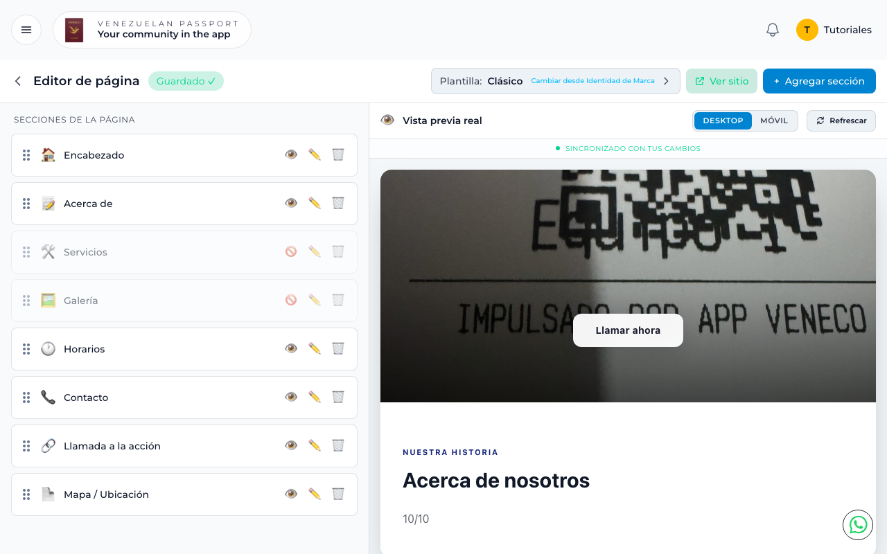 Editor de turbositio con lista de secciones a la izquierda y vista previa a la derecha