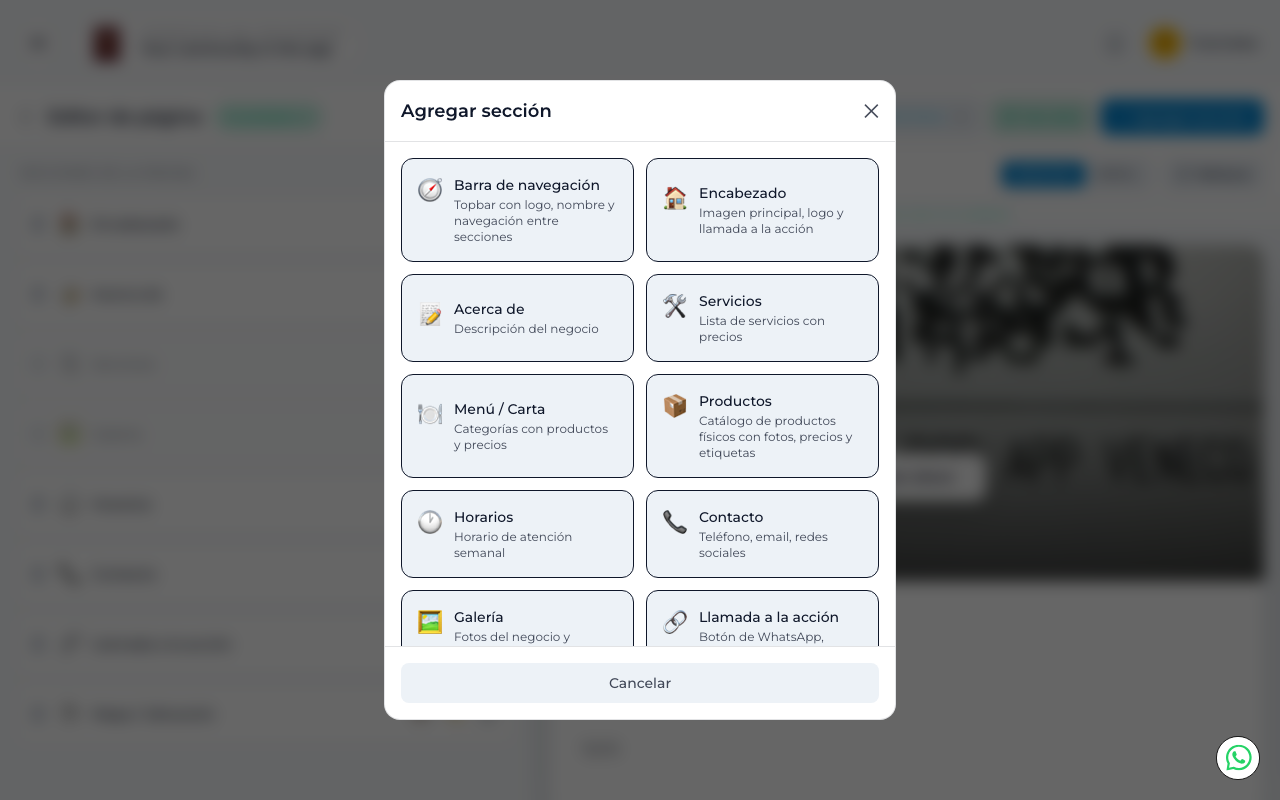 Modal de agregar sección con las opciones disponibles