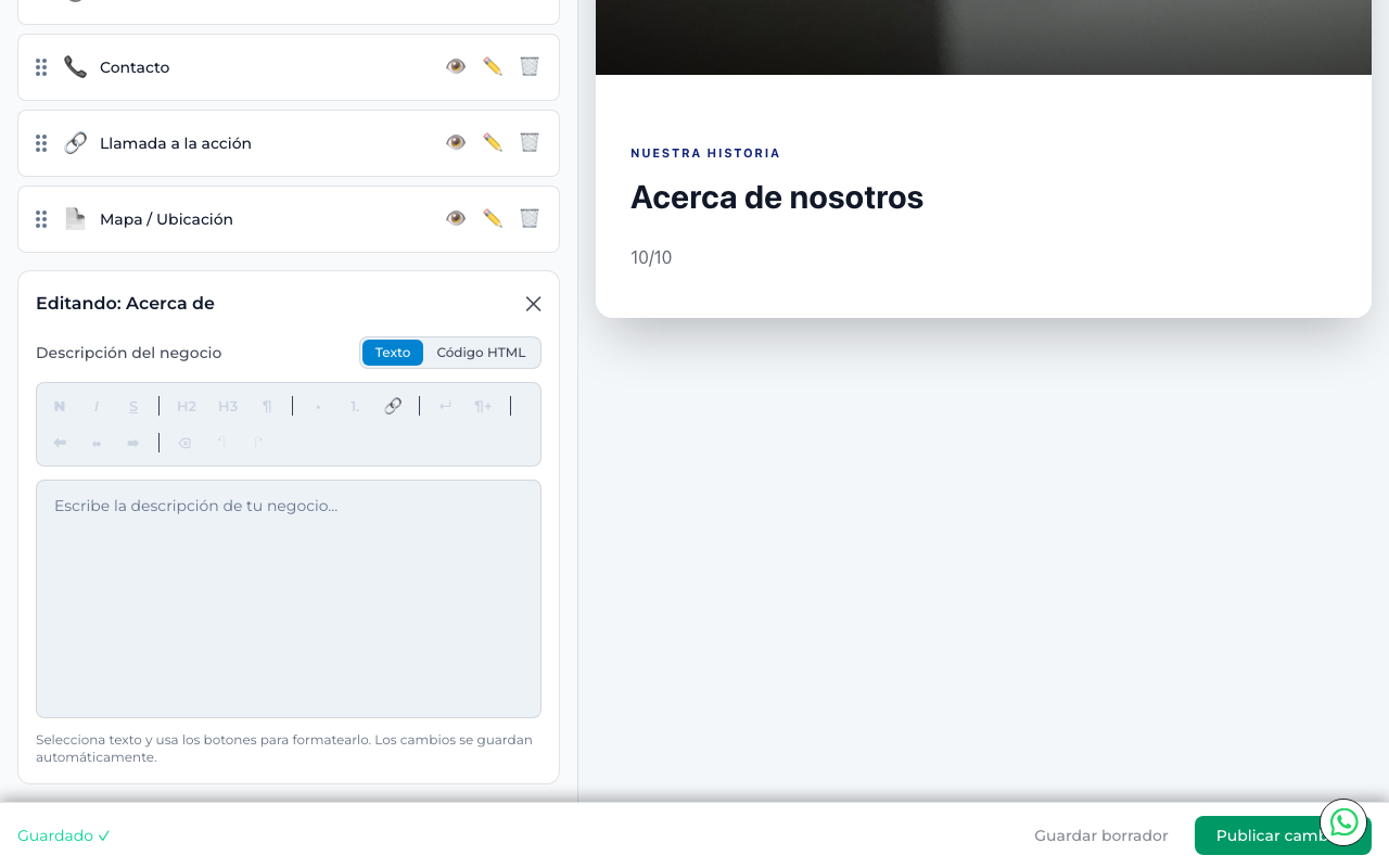 Editor de la sección Acerca de con barra de herramientas de texto enriquecido