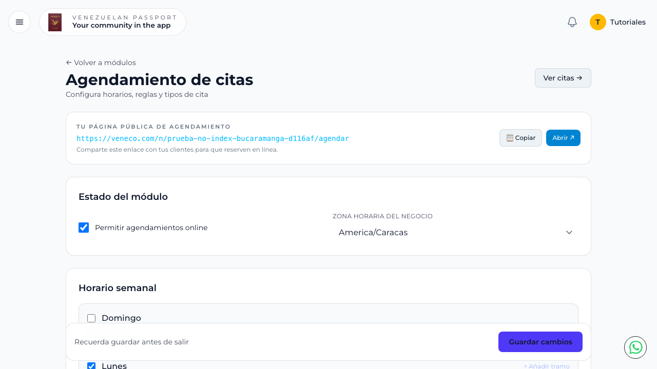 Configuración de agendamiento con horarios y reglas