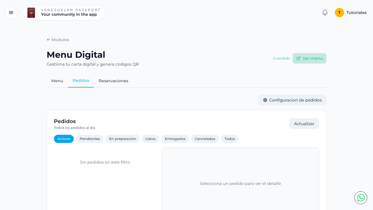 Pestaña Pedidos con filtros de estado y lista de pedidos