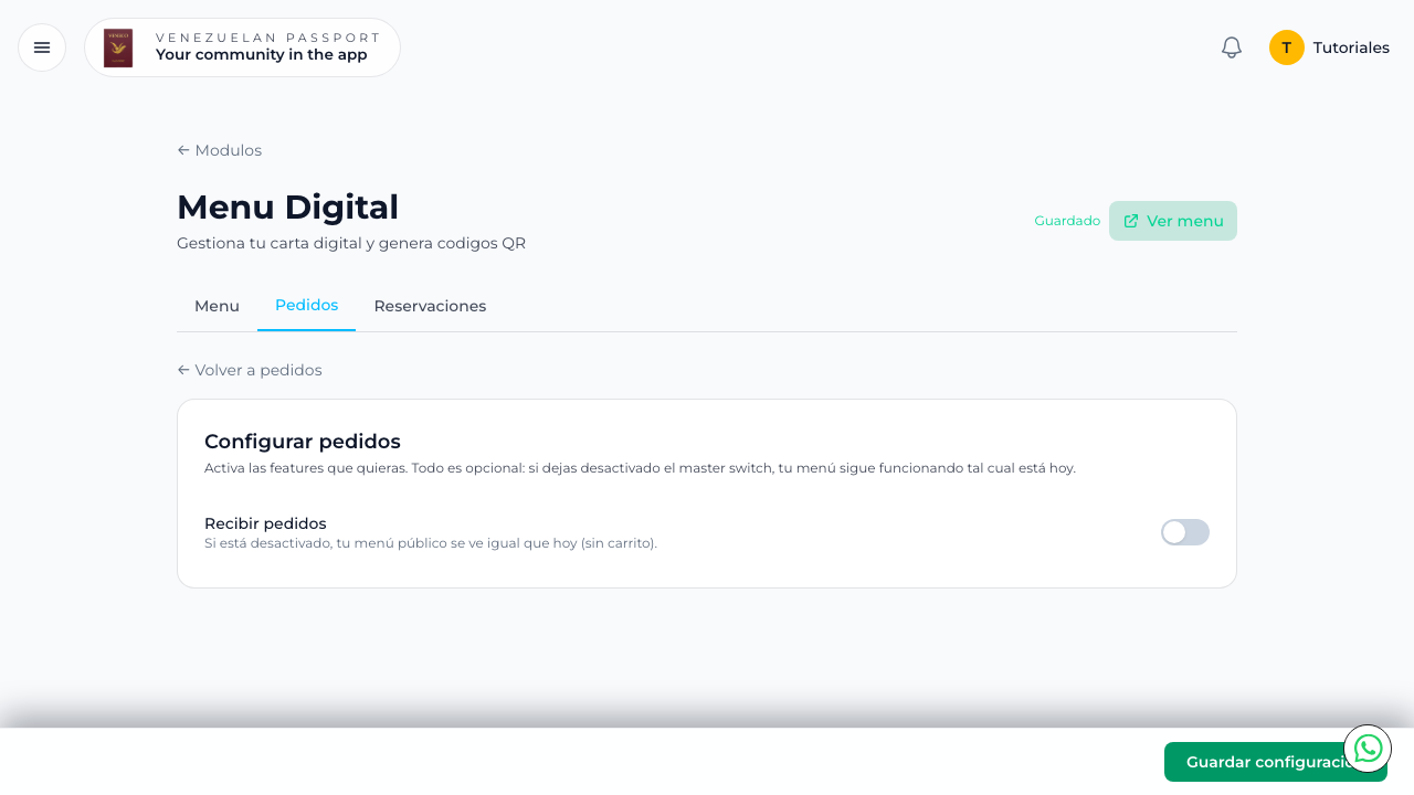 Configuración de pedidos con opciones de delivery, pickup y mesas