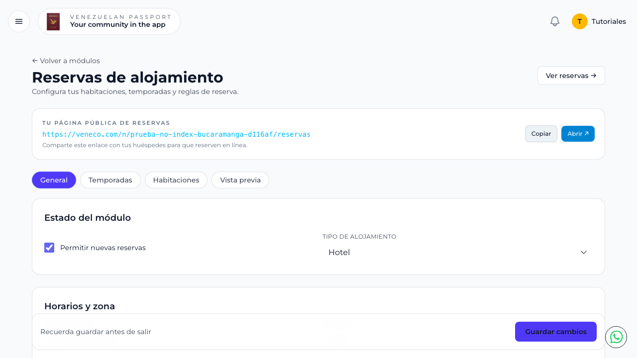Configuración de reservas con habitaciones y precios