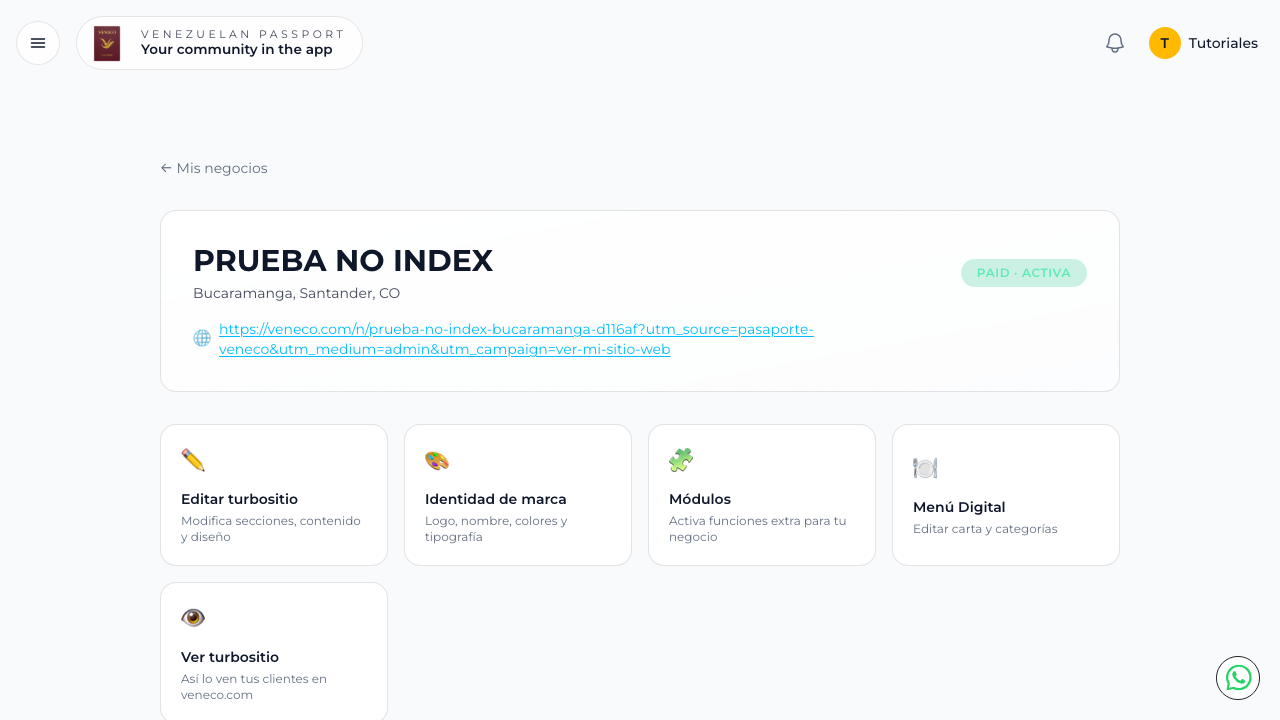 Dashboard del negocio con módulos de alojamiento activos