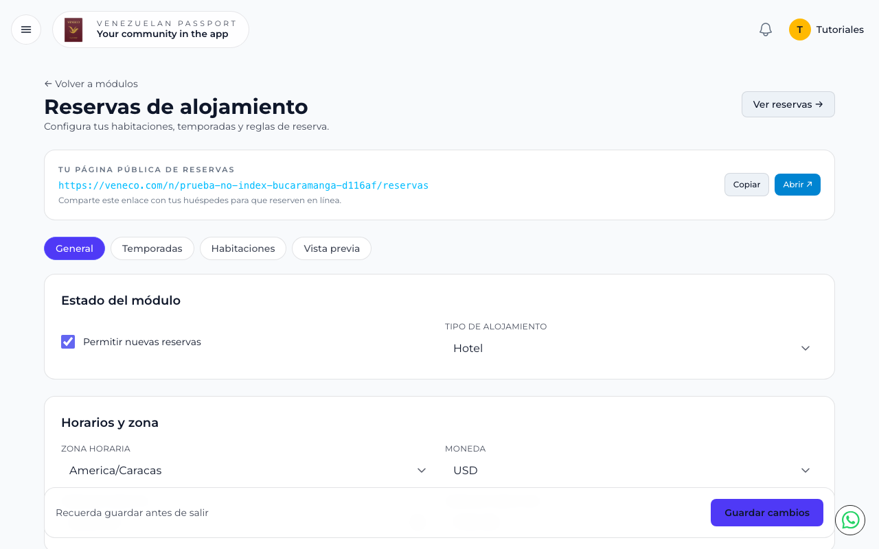 Pestaña General con estado del módulo, tipo de alojamiento, zona horaria y moneda