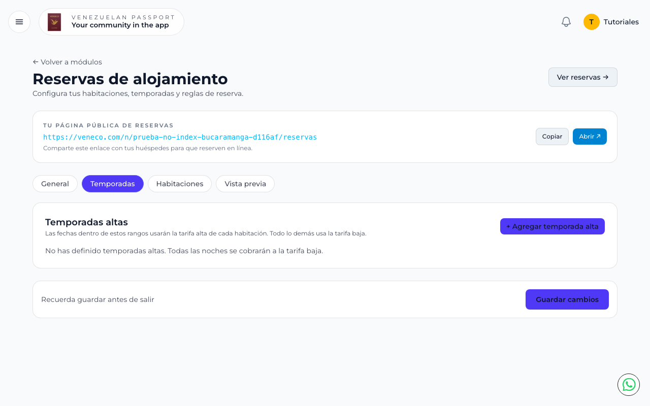Pestaña Temporadas con botón para agregar temporada alta