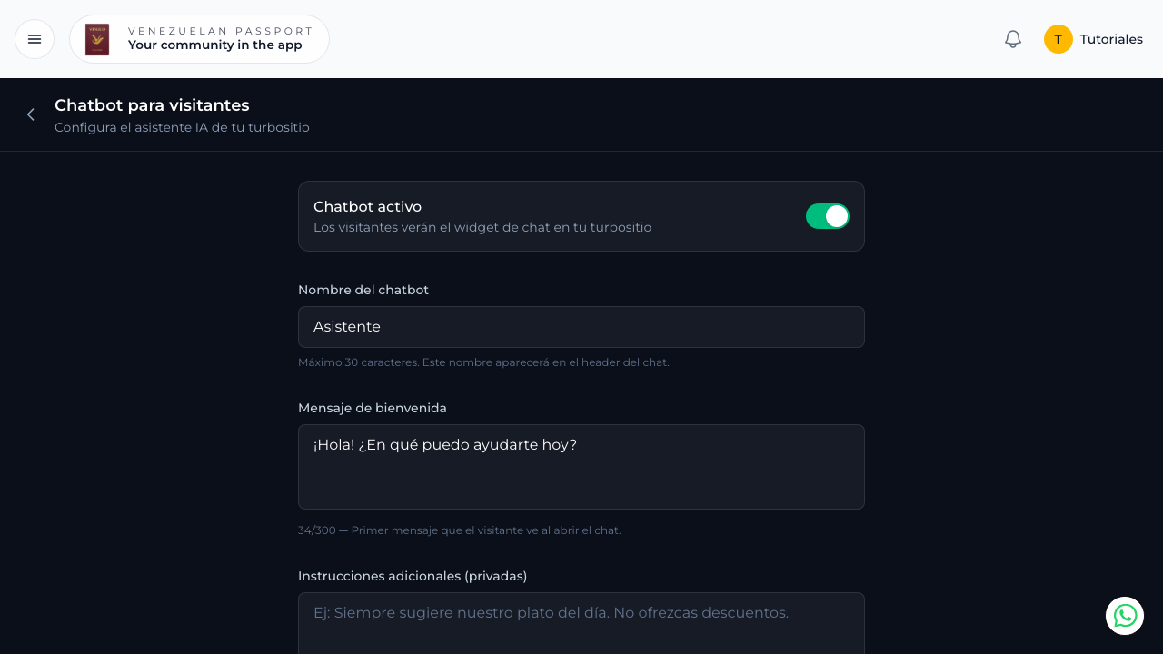 Configuración del chatbot con toggle activo y campo de nombre