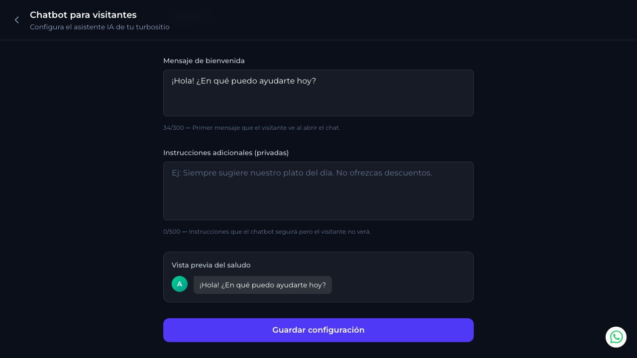 Vista previa del saludo del chatbot y botón Guardar configuración