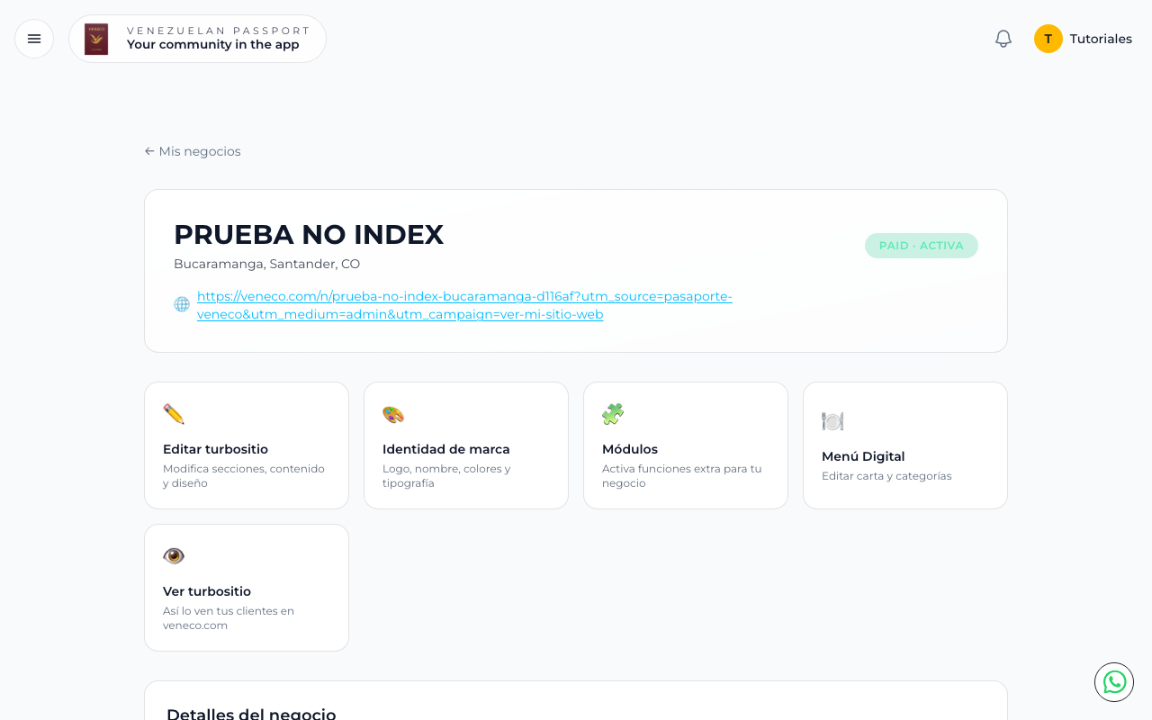 Dashboard del negocio con la tarjeta Identidad de marca resaltada