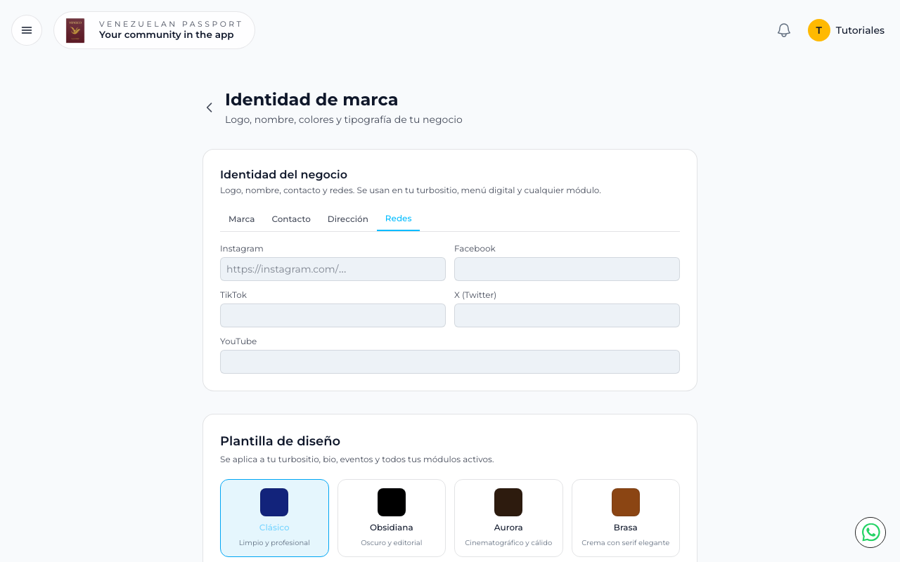 Pestaña Redes con campos para Instagram, Facebook, TikTok, X y YouTube