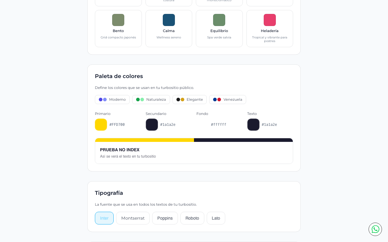 Sección de paleta de colores con presets y pickers, y opciones de tipografía