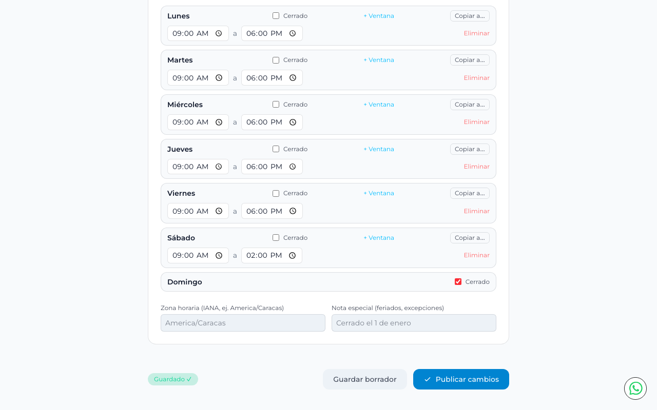 Editor de horario semanal con botones Guardar borrador y Publicar cambios