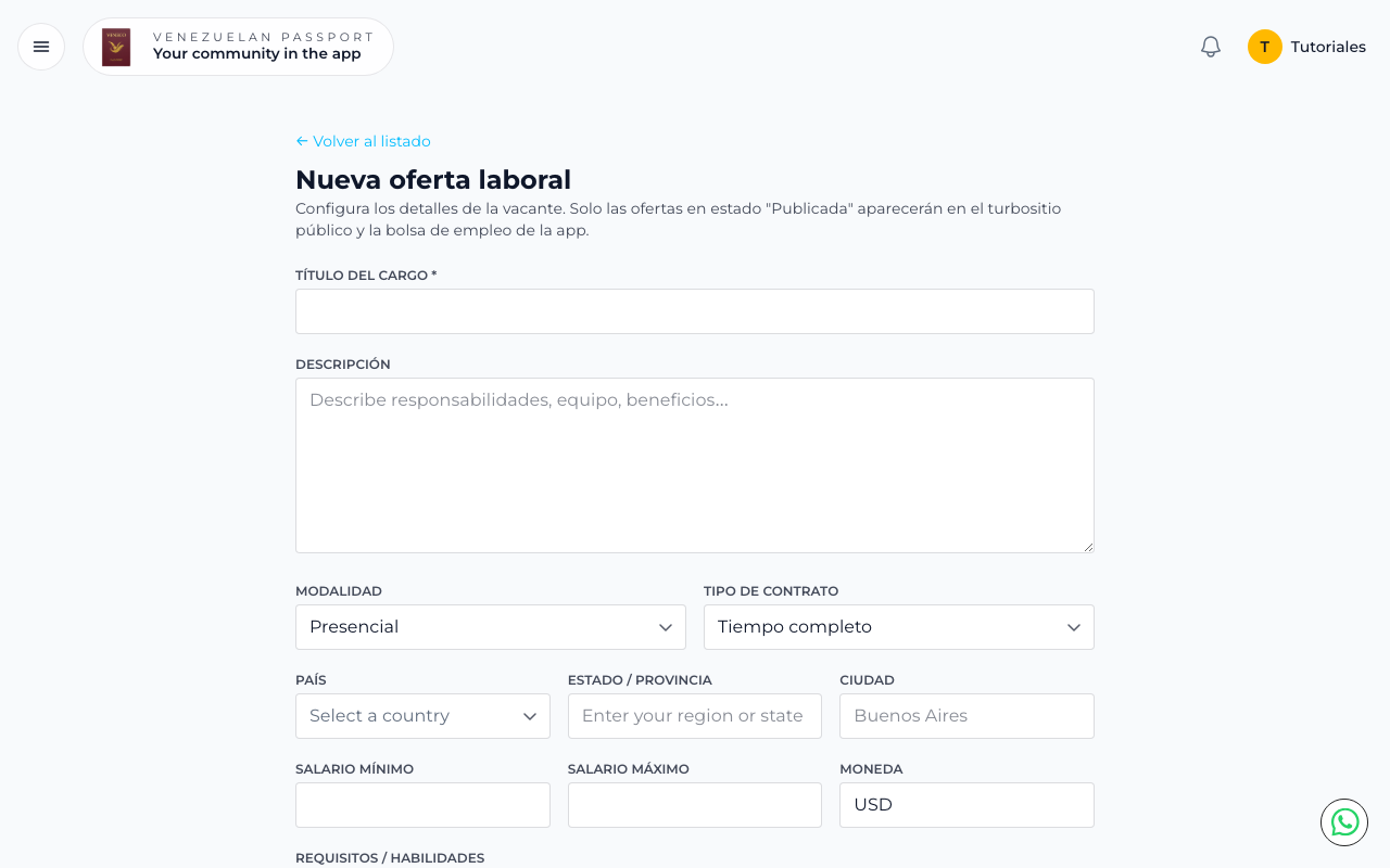 Formulario de nueva oferta laboral con título, descripción, modalidad y salario