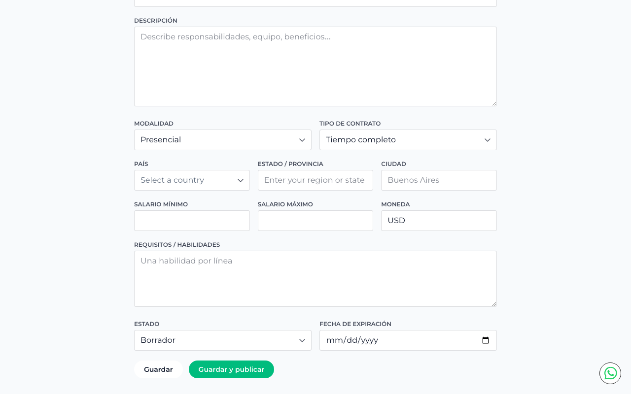 Campos de requisitos, estado, fecha de expiración y botones Guardar y Guardar y publicar