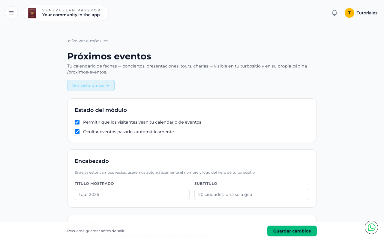 Configuración de estado del módulo y encabezado con título y subtítulo
