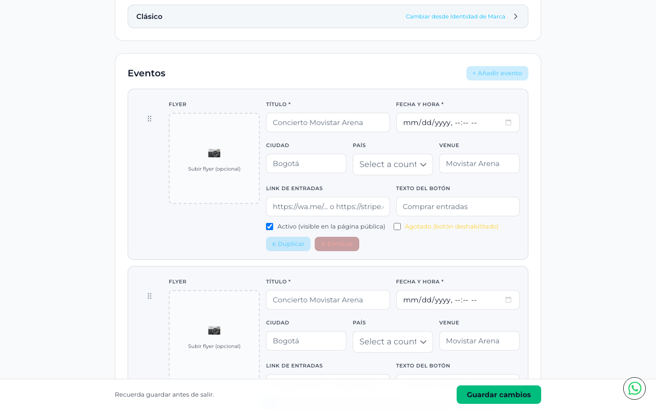 Detalle del evento con link de entradas, opciones activo/agotado y botones duplicar/eliminar