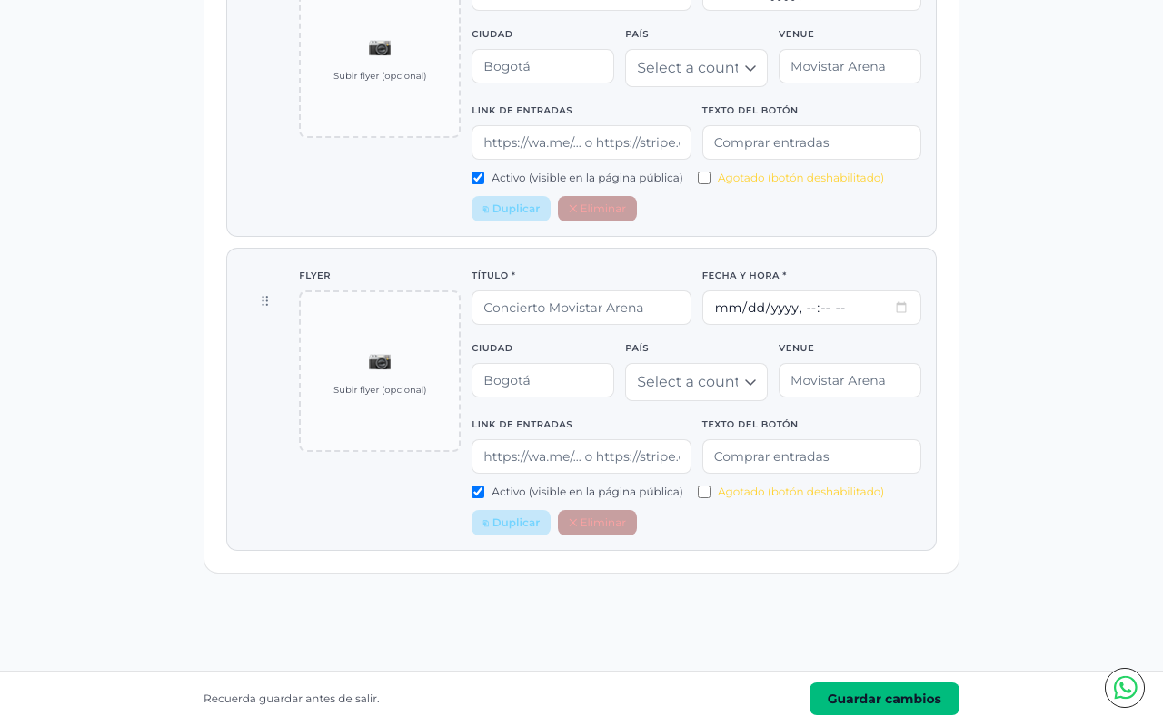 Vista completa de múltiples eventos configurados con botón Guardar cambios