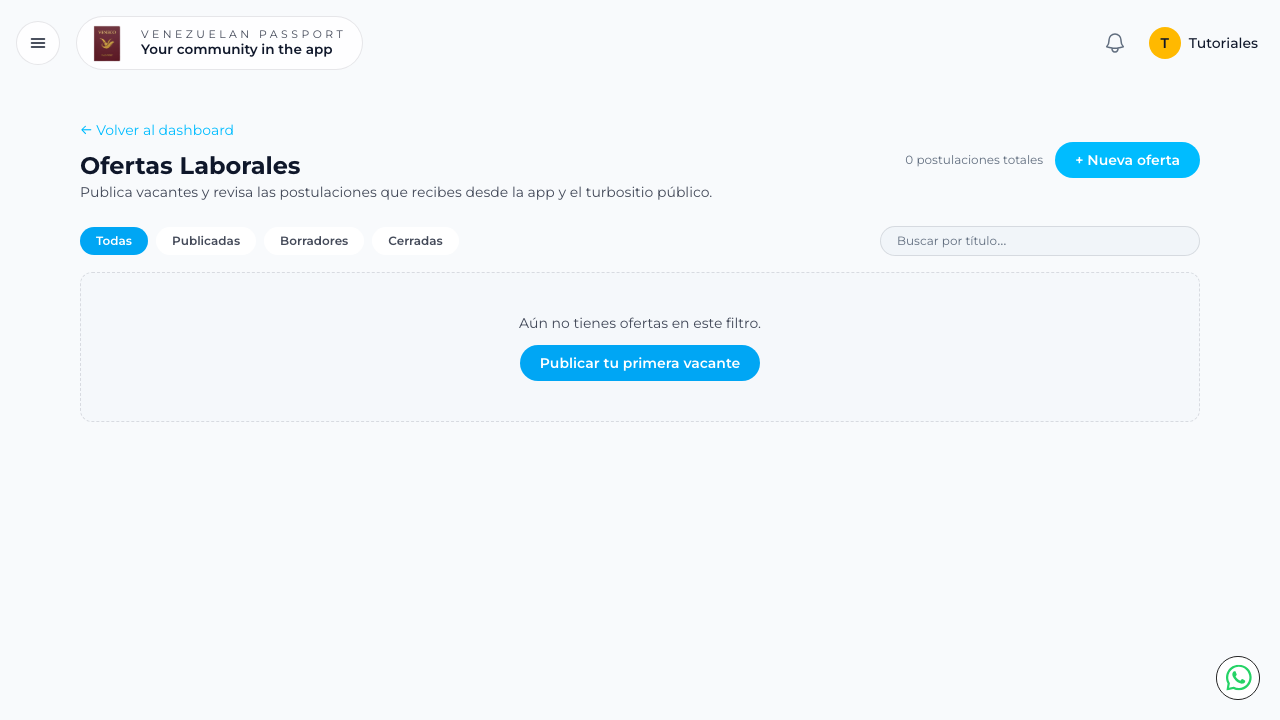 Panel de Ofertas Laborales con filtros de estado y búsqueda