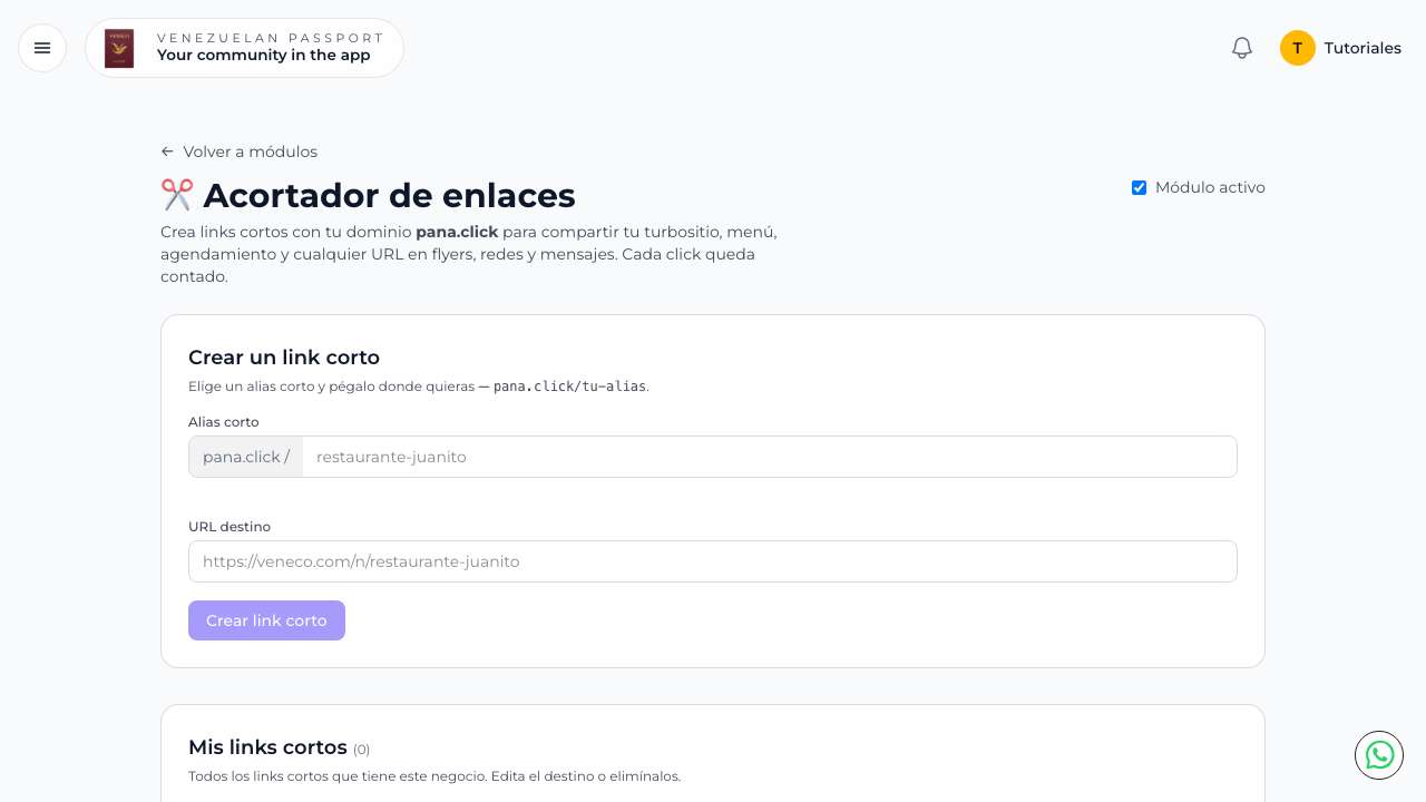 Acortador de enlaces con módulo activo y formulario para crear link corto