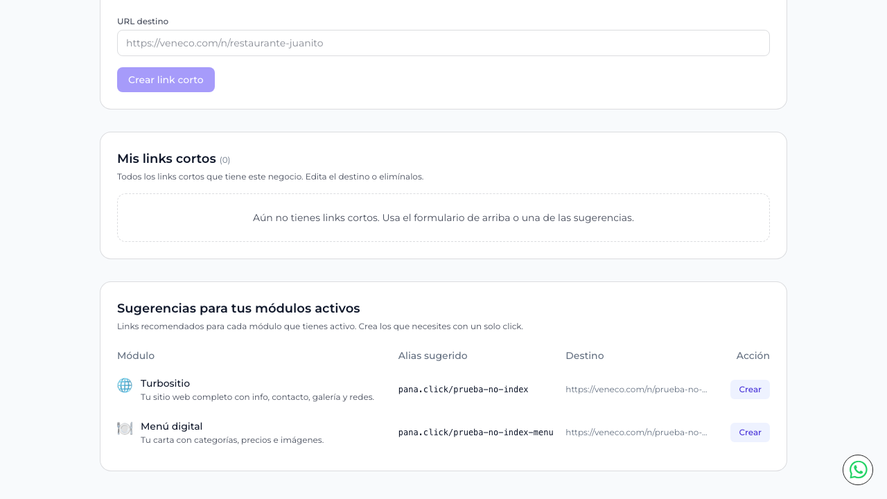 Tabla de sugerencias con módulos activos y botón Crear para cada uno