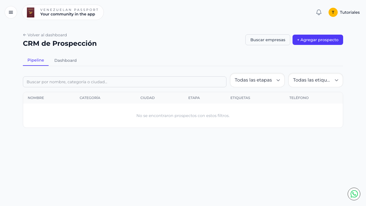 CRM de Prospección mostrando vista Pipeline con filtros y tabla de prospectos