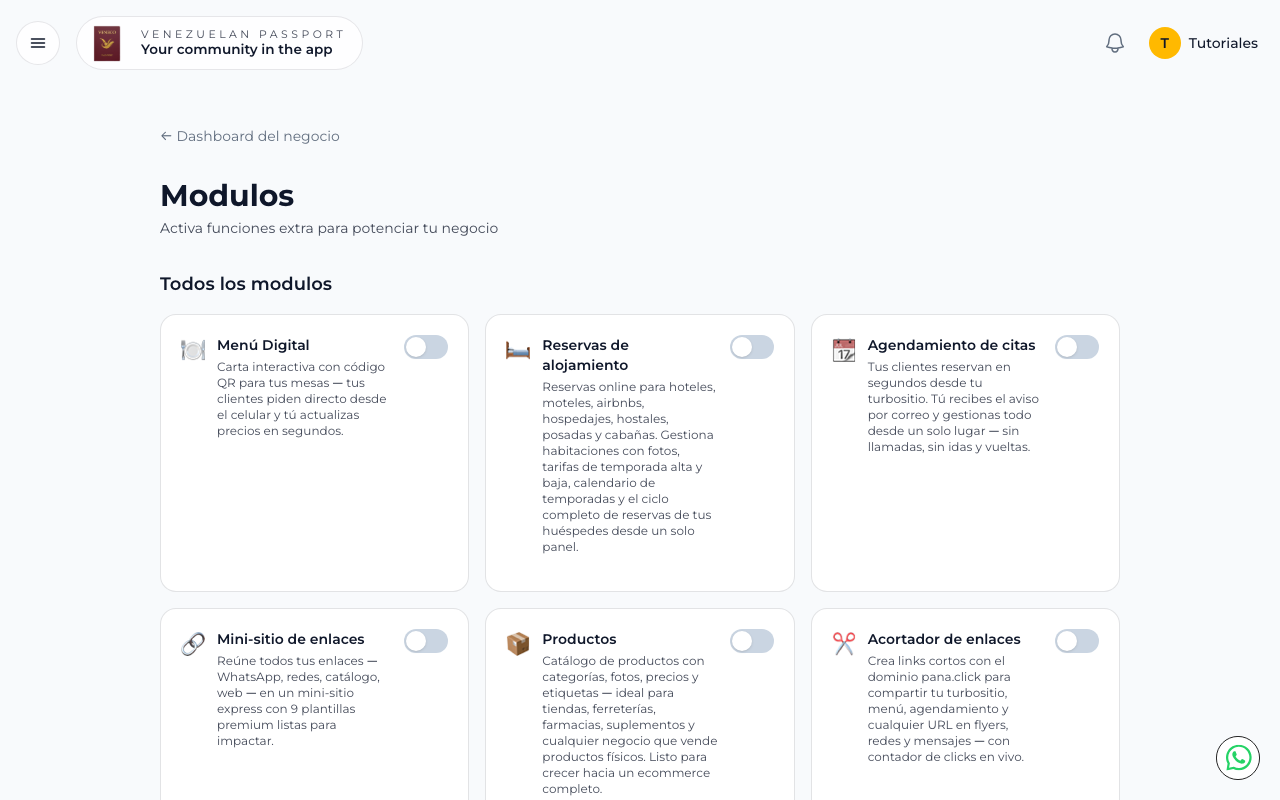 Página de módulos con el módulo Menú Digital desactivado